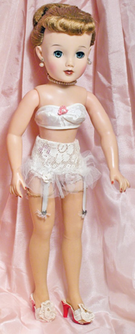 IDEAL “MISS REVLON” Marks: Ideal Doll 17-18. 17”.: IDEAL “MISS REVLON” Marks: Ideal Doll 17-18. 17”. Vinyl socket head, blue sleep eyes, applied and painted lashes, closed mouth, ruby lips, blonde rooted hair in original set, six-piece lady figu