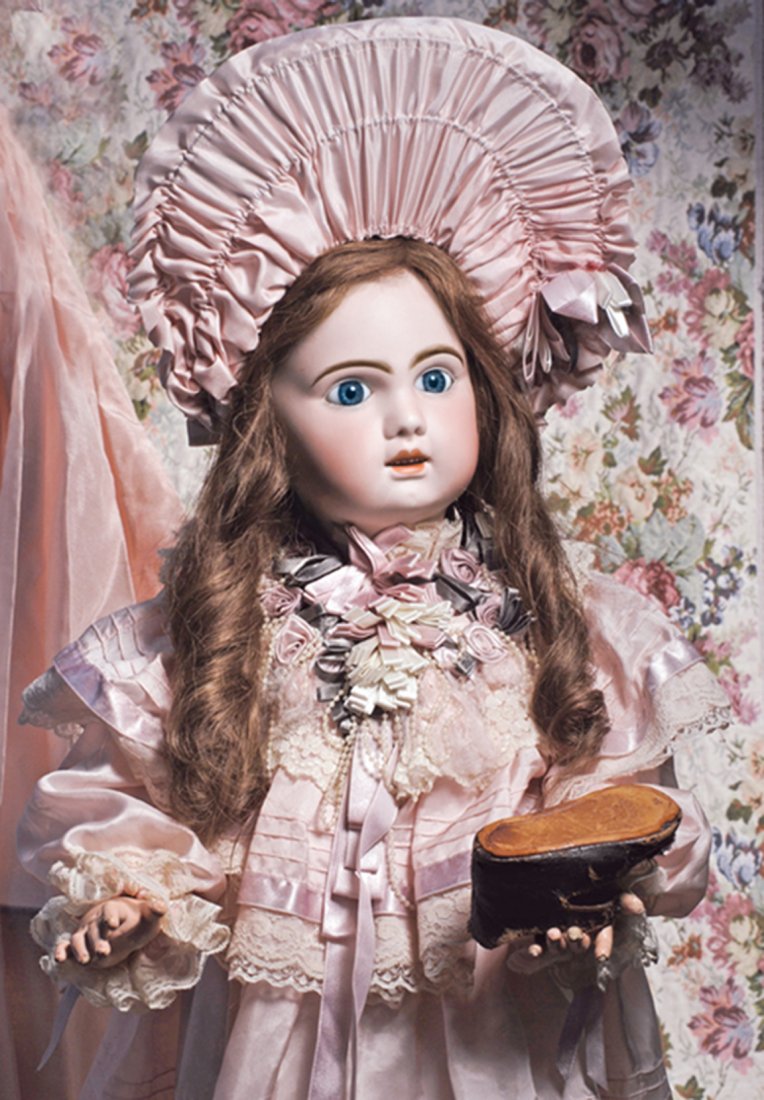 LARGE FRENCH BISQUE BEBE JUMEAU. Marks: X 13. 30”.: LARGE FRENCH BISQUE BEBE JUMEAU. Marks: X 13. 30”. Bisque socket head, blue paperweight eyes, painted lashes, eyeliner, feathered and brushstroked brows, pierced ears, open mouth, shaded and accente