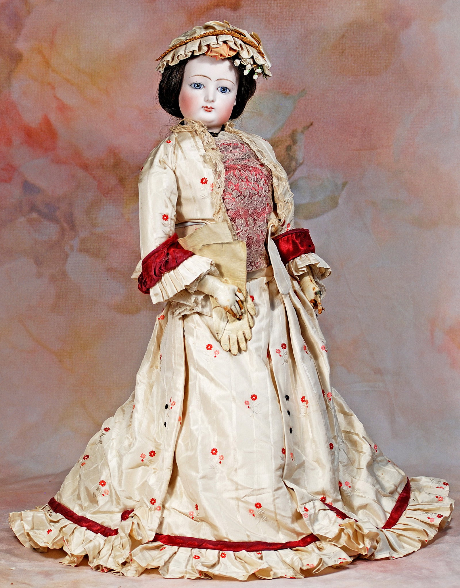 LARGE FRENCH BISQUE POUPEE BY GAULTHIER: 18. LARGE FRENCH BISQUE POUPEE BY GAULTHIER. 24”. Marks: 8. Bisque swivel head on bisque shoulderplate, blue paperweight eyes, painted lashes, eyeliner, feathered brows, pierced ears, closed mou