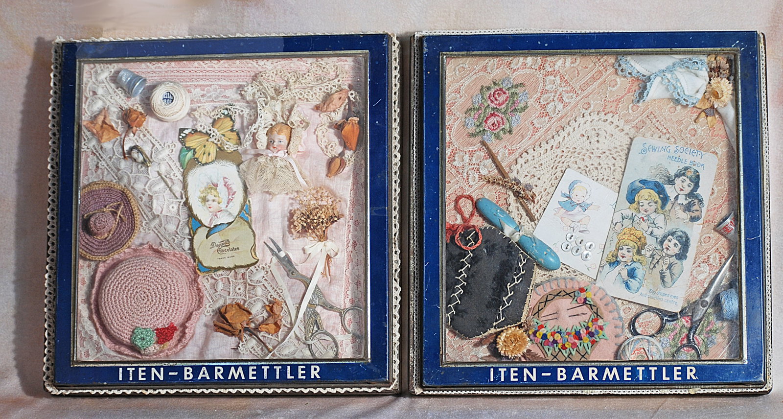 TWO PRESENTATION DISPLAYS OF MINIATURE SEWING TOOLS AND RELATED ITEMS.: 107. TWO PRESENTATION DISPLAYS OF MINIATURE SEWING TOOLS AND RELATED ITEMS. Glass front display case labeled “Iten-Barmettler”, 10 ½” x 10 ½”. Display board with