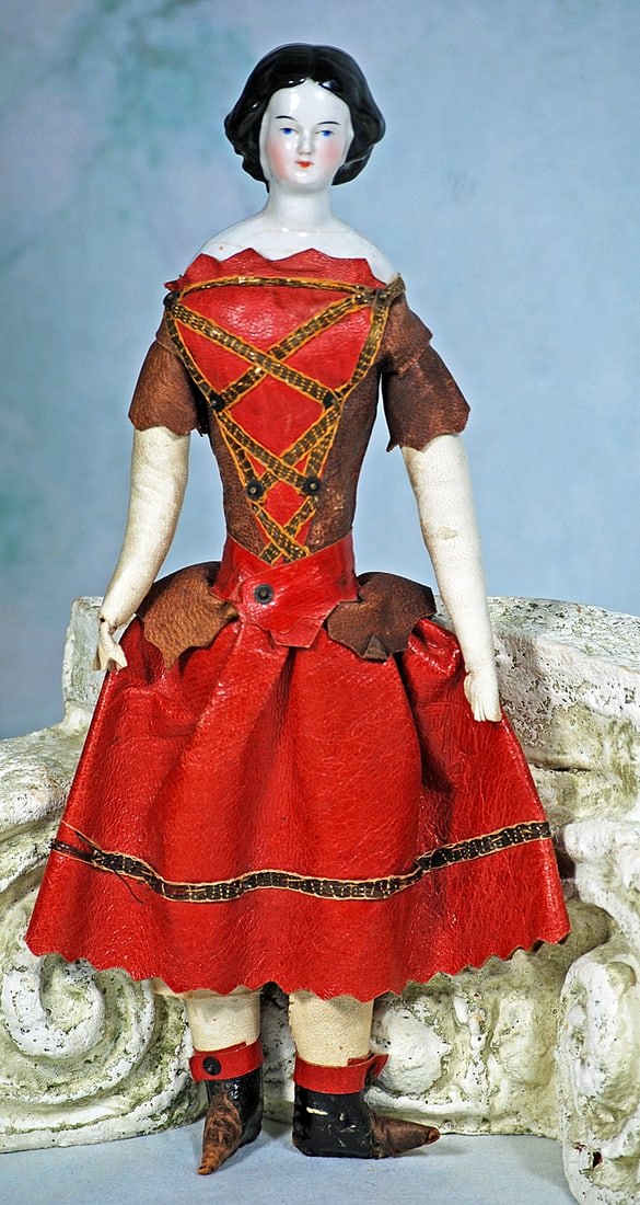 GERMAN PORCELAIN LADY IN ALL-ORIGINAL LEATHER COSTUME (1 of 2)