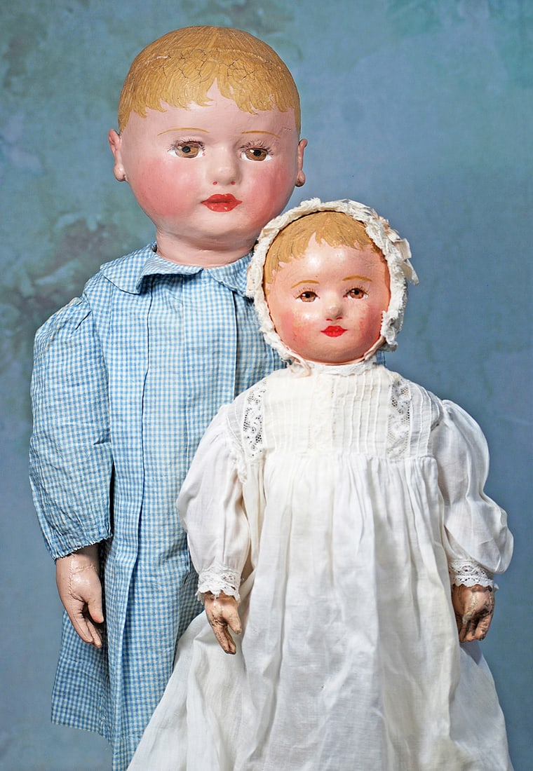 AMERICAN BROWN-EYED CLOTH DOLL BY MARTHA CHASE: 17”. All cloth doll with pressed and oil-painted features, complexion and blonde hair, painted brown eyes, upper lashes, tapered brows, closed mouth, rosy cheeks, stitch-jointed at shoulders, el