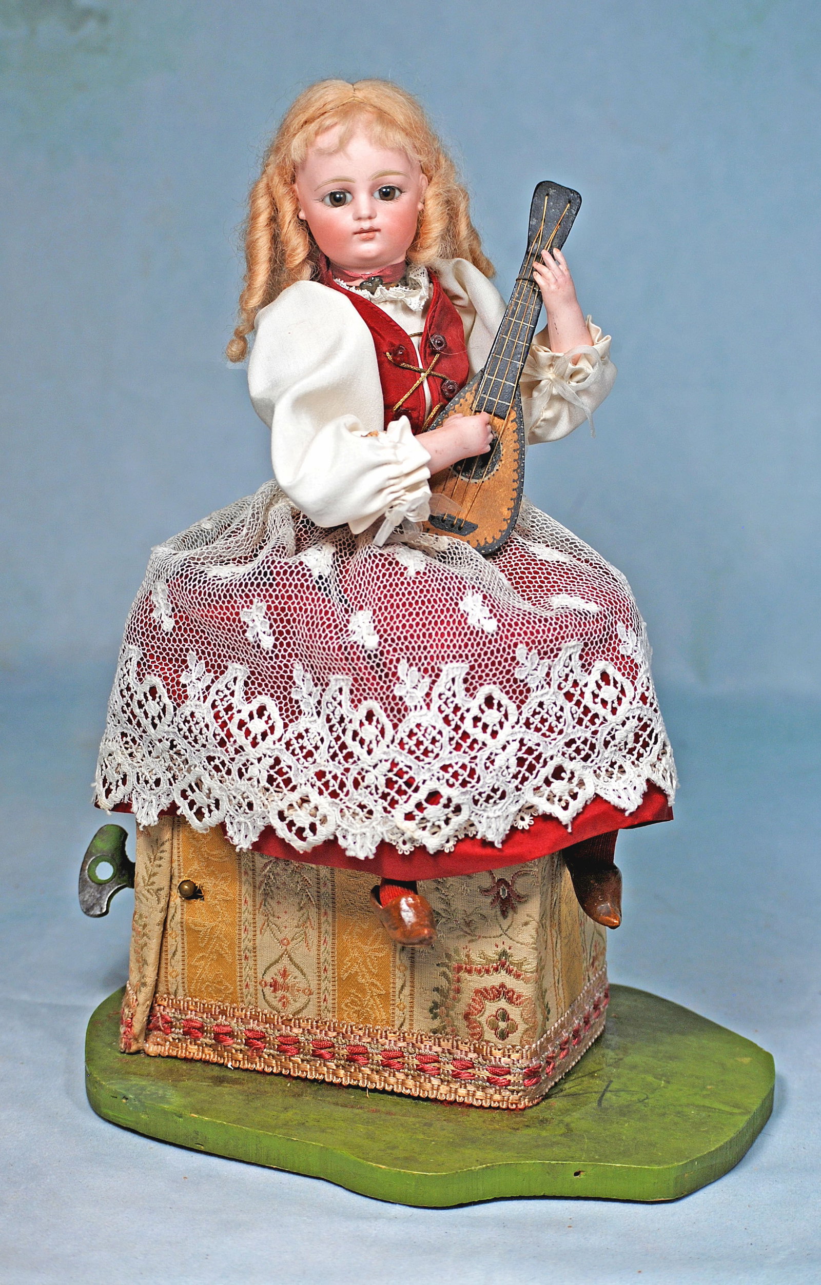FRENCH BISQUE AUTOMATON, LITTLE GIRL PLAYING THE MANDOLIN, BY VICHY (1 of 2)