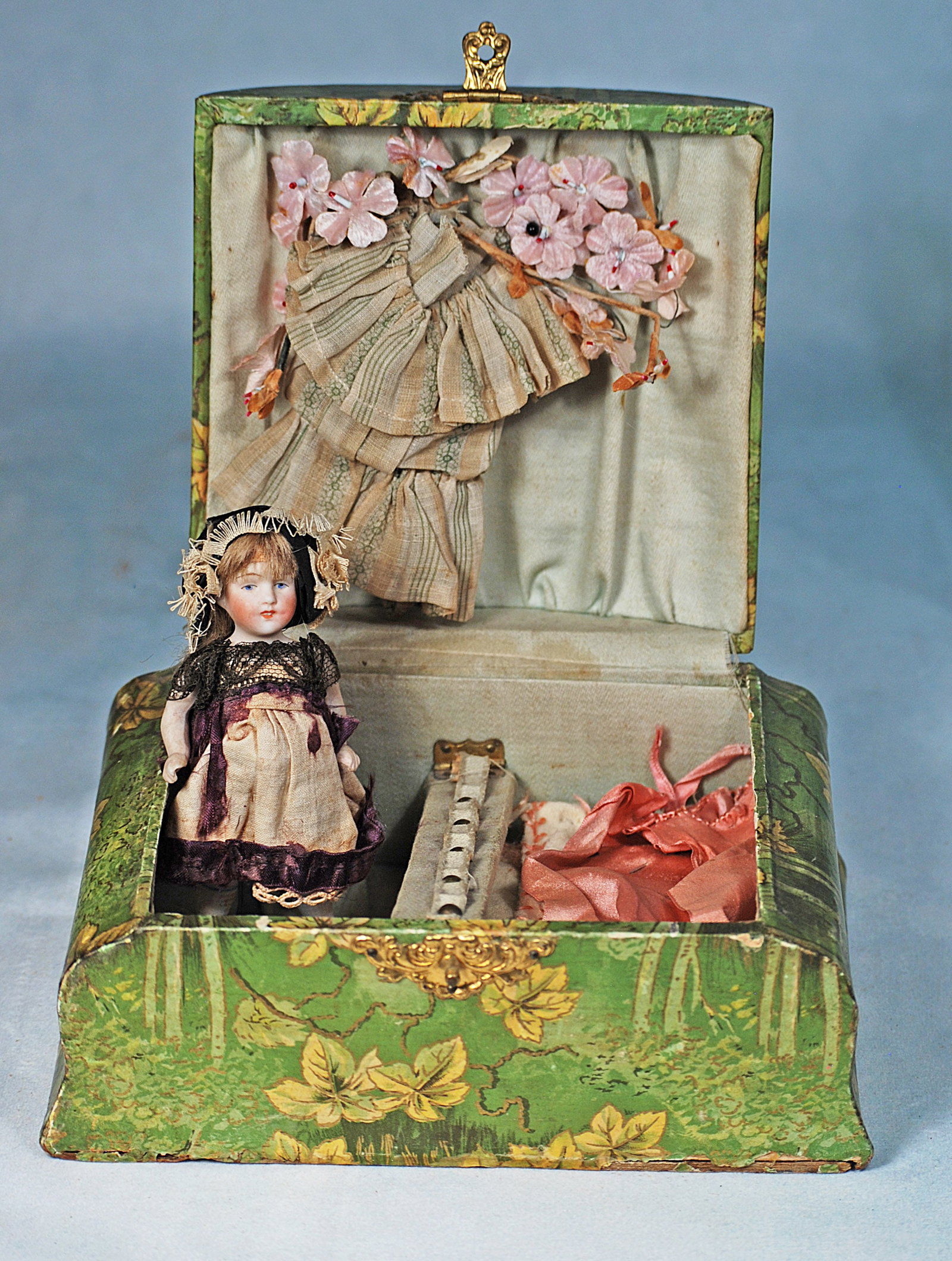 ANTIQUE CELLULOID DRESSER BOX WITH ALL-BISQUE DOLL (1 of 2)