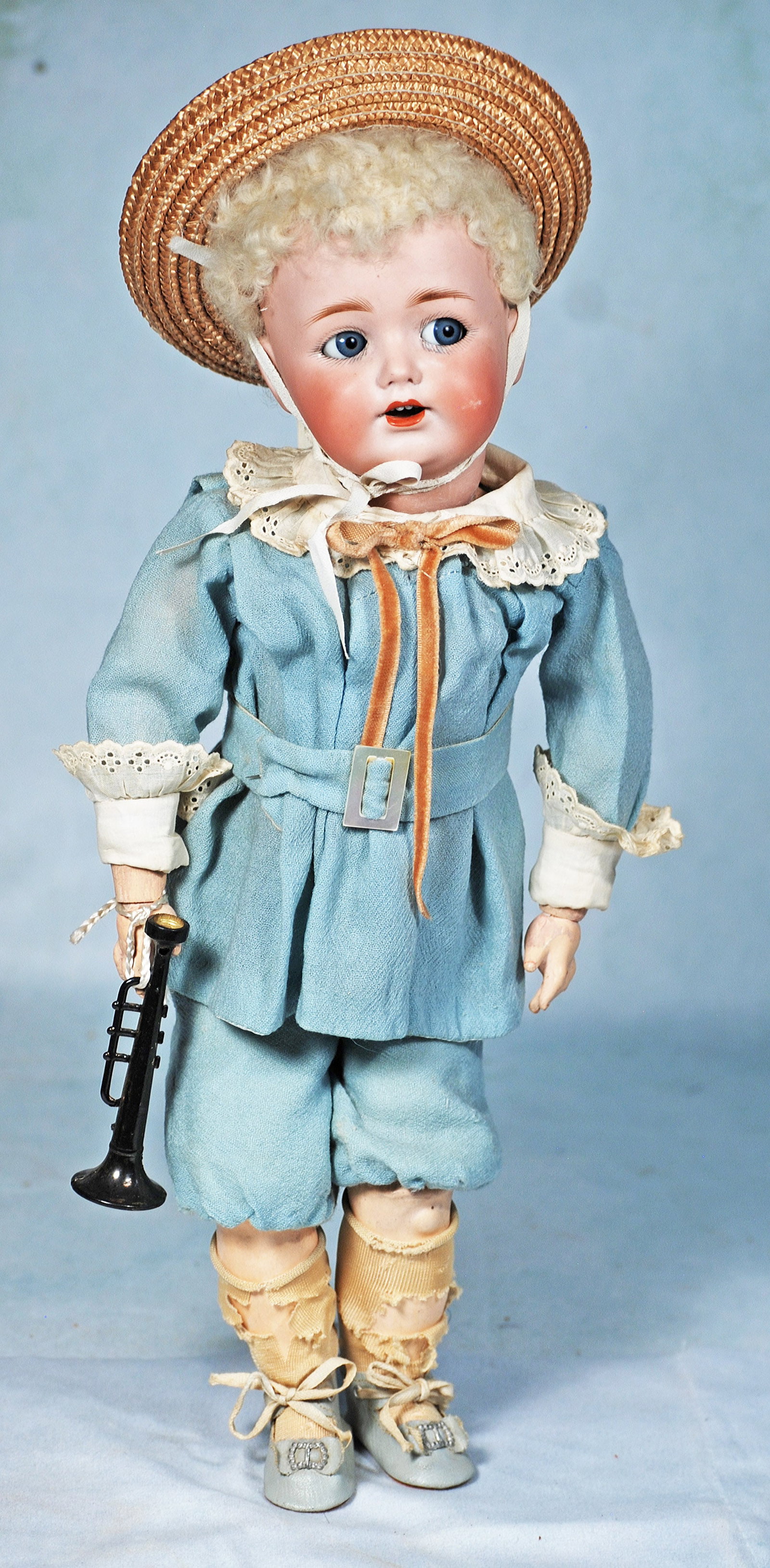 GERMAN BISQUE FLIRTY-EYED CHARACTER, 260, BY KESTNER: 296. GERMAN BISQUE FLIRTY-EYED CHARACTER, 260, BY KESTNER. 16”. Marks: JDK 260 made in Germany. Bisque socket head, blue flirty and sleep eyes, painted lashes, feathered brows, open mouth, accen