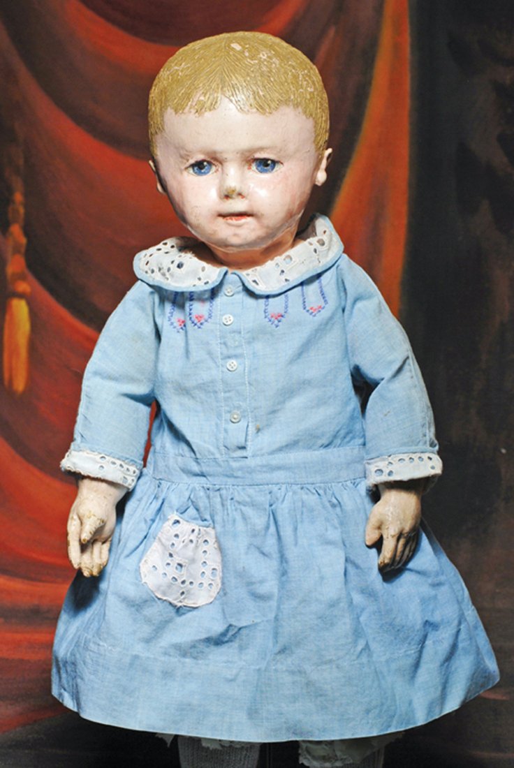 AMERICAN CLOTH DOLL BY MARTHA CHASE. 20”. Stockinette: AMERICAN CLOTH DOLL BY MARTHA CHASE. 20”. Stockinette cloth doll has pressed and oil-painted head, painted brown hair, painted blue eyes with fringed lashes, closed mouth, applied ears, cotton satee
