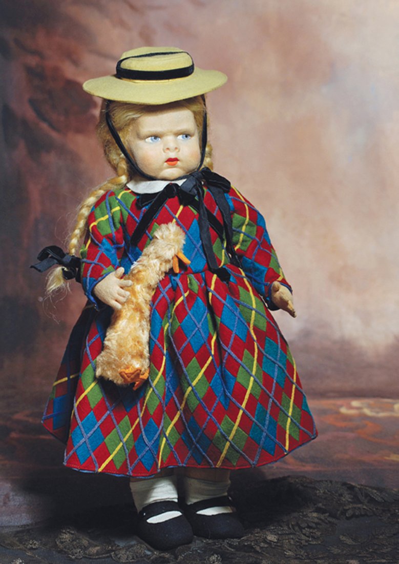 A RARE LENCI POUTY, 300 SERIES, MODEL “L”.17 ½”.: A RARE LENCI POUTY, 300 SERIES, MODEL “L”.17 ½”. Pressed and oil-painted felt swivel head, short plump face with side-glancing painted blue eyes, painted lashes, eye shadow and feathered brows,