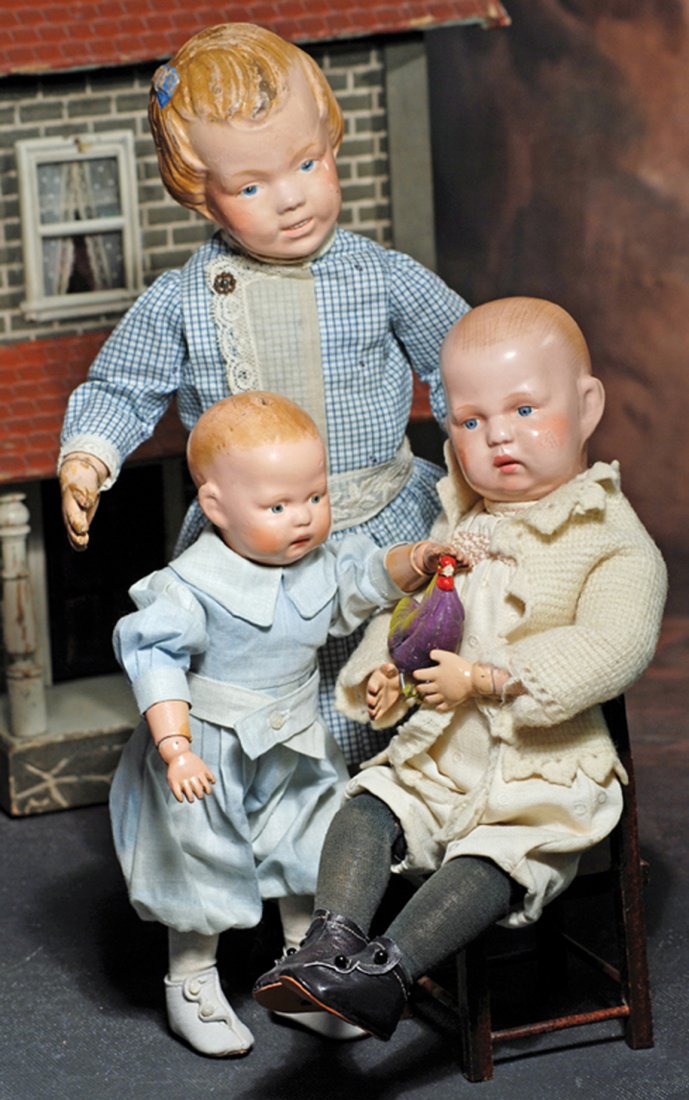 SCHOENHUT EARLY MODEL OF BABY-FACED TODDLER. Marks:: SCHOENHUT EARLY MODEL OF BABY-FACED TODDLER. Marks: Incised Schoenhut mark. 14”. All-wooden with smooth crown and painted blonde hair, painted features, blue eyes, upper eyeliner, feathered brows, f