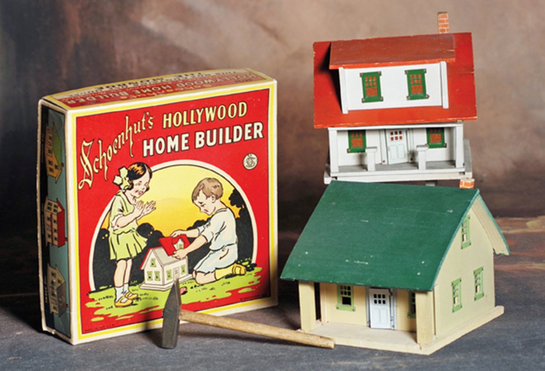 TWO SCHOENHUT HOLLYWOOD HOME BUILDER SETS WITH HAMMER.: TWO SCHOENHUT HOLLYWOOD HOME BUILDER SETS WITH HAMMER. Houses approximately 5” H. Includes: The Monroe House in original box with rare-to-find hammer; also The Jackson House with red roof (no box). 