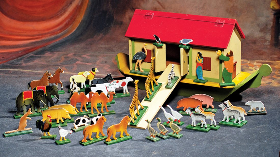 SCHOENHUT NOAH’S ARK IN ORIGINAL BOX WITH ANIMALS -: SCHOENHUT NOAH’S ARK IN ORIGINAL BOX WITH ANIMALS - INCLUDES PROVENANCE. 19” W. x 9” H. Wooden ark has originally-painted finish with brown shuttered windows, and hinged double doors on one side