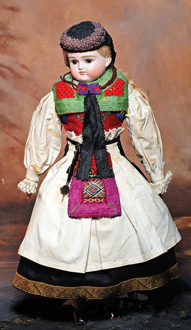 KESTNER ALL-ORIGINAL BISQUE DOLL IN PROVINCIAL COSTUME.: KESTNER ALL-ORIGINAL BISQUE DOLL IN PROVINCIAL COSTUME. Marks: None visible. 18”. Bisque turned shoulderhead with short, rounded face, brown sleep eyes, painted lashes, feathered brows, closed mouth