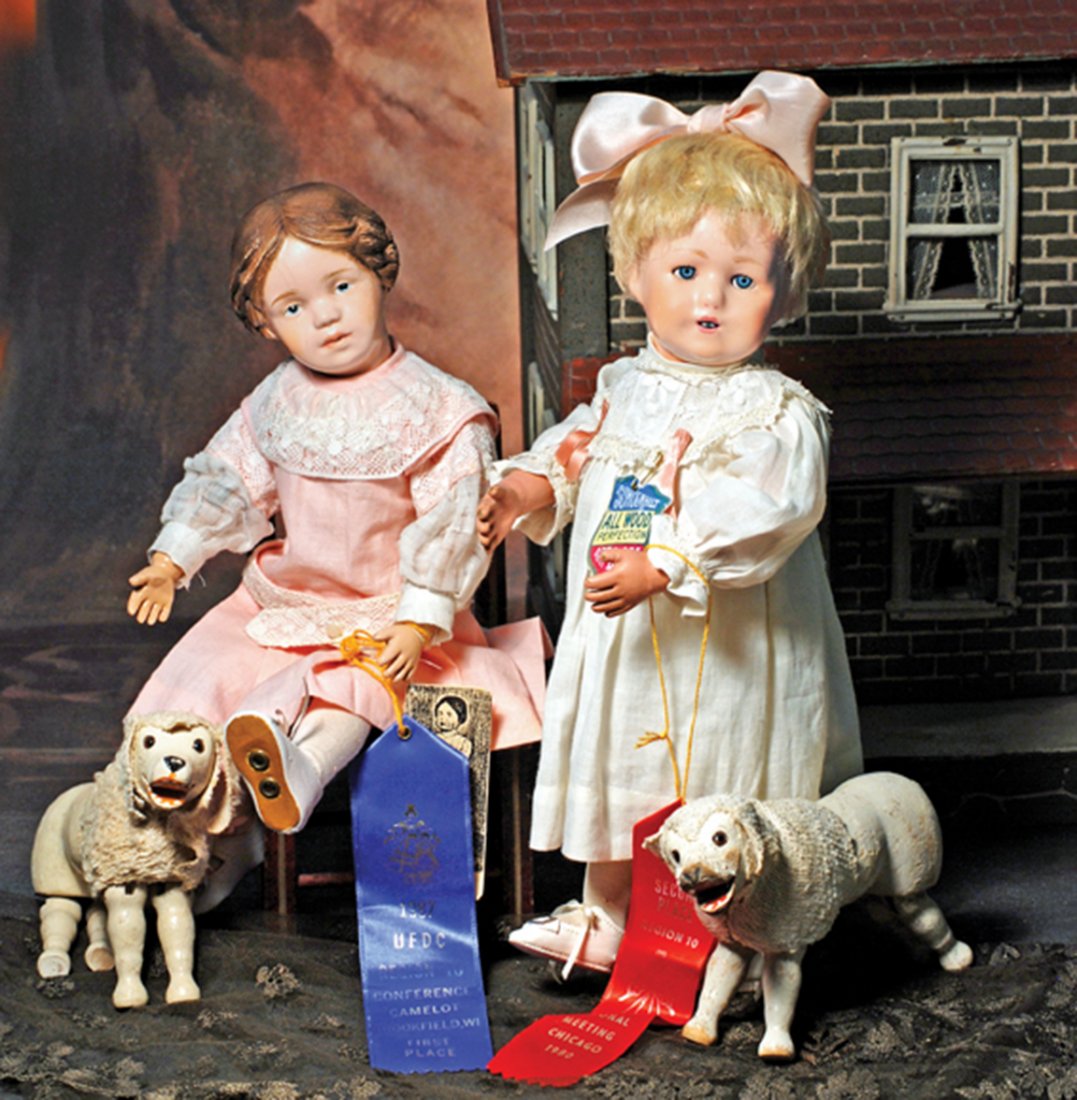 RARE SCHOENHUT BABY-FACE WALKER WITH SLEEP EYES.: RARE SCHOENHUT BABY-FACE WALKER WITH SLEEP EYES. Marks: Schoenhut label on back. 14”. Carved wooden socket head, walker type spring-jointed wooden body with curved arms and one-piece legs, blue-gree