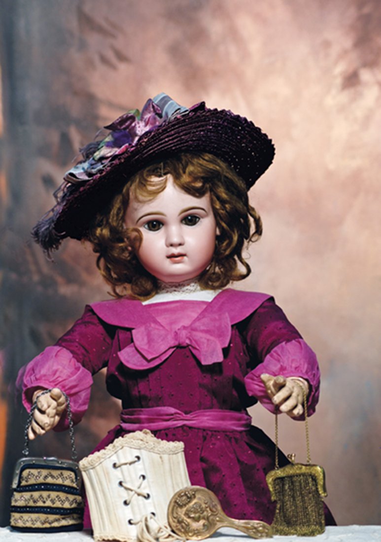 ANTIQUE DOLL ACCESSORIES. Includes: Navy and tan woven: ANTIQUE DOLL ACCESSORIES. Includes: Navy and tan woven purse with beaded detail, metal frame, clasp and chain; Gilt mesh purse with embossed gilt frame, clasp and chain; 4” Art Noveau heavily emboss