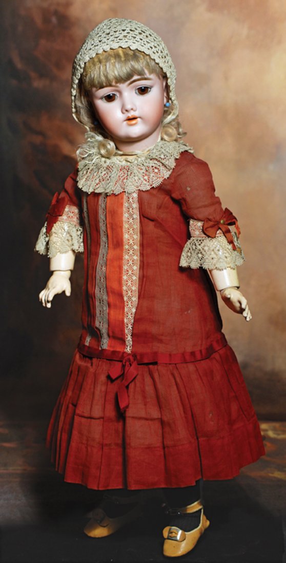 GERMAN BISQUE HANDWERCK 109 DOLL IN ORIGINAL COSTUME.: GERMAN BISQUE HANDWERCK 109 DOLL IN ORIGINAL COSTUME. Marks: 109/12 Dep, Handwerck, Germany. 25”. Bisque socket head, brown sleep eyes, painted lashes, feathered brows, pierced ears, open mouth, sha