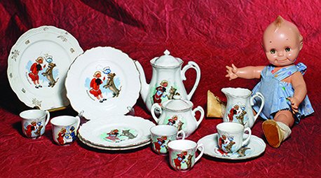 GERMAN PORCELAIN “BUSTER BROWN” CHILDREN’S DISHES.: GERMAN PORCELAIN “BUSTER BROWN” CHILDREN’S DISHES. White china dishes with scenes of Buster Brown characters; includes 7” diameter plate with decorative gilt detail, three smaller plates, one