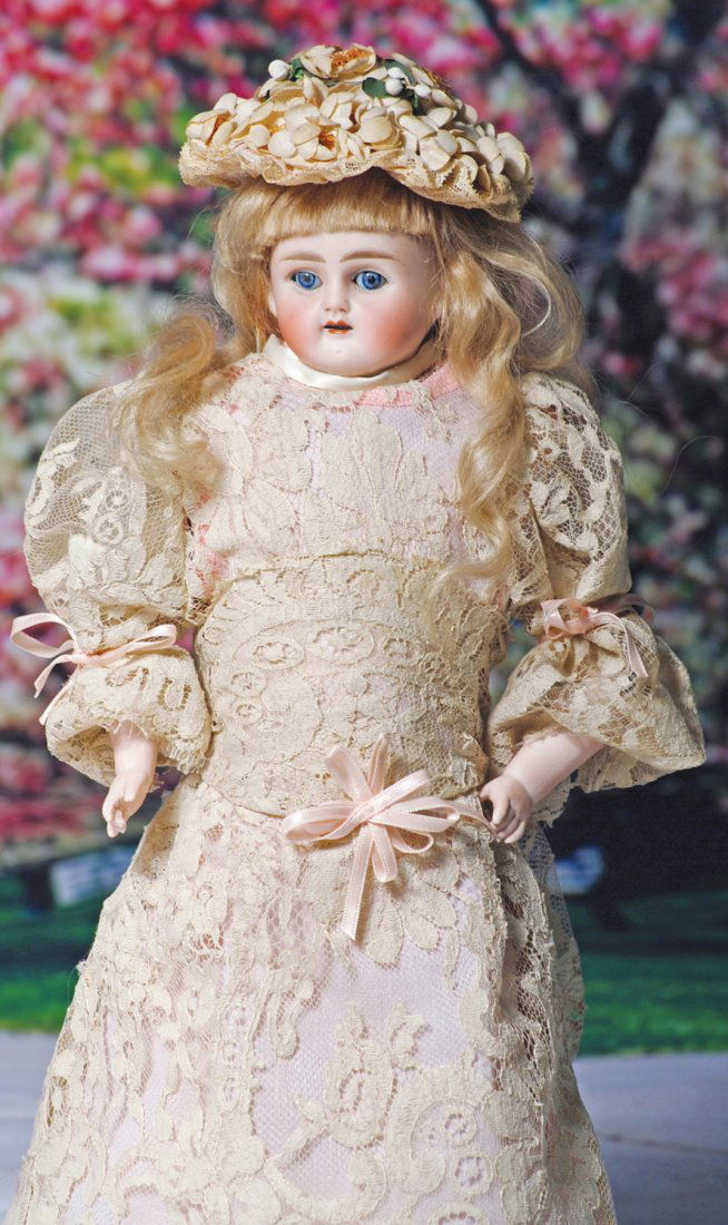 GERMAN BISQUE DOLL BY ALT, BECK & GOTTSCHALK. Marks:: GERMAN BISQUE DOLL BY ALT, BECK & GOTTSCHALK. Marks: 1123#. 15”. Turned bisque shoulderhead, stationary blue glass eyes, painted lashes, feathered brows, open mouth, accented lips, upper teeth, orig