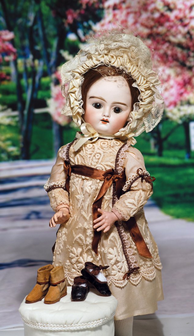 ANTIQUE FRENCH FASHION BOOTS & SHOES. Includes: 2 ½”: ANTIQUE FRENCH FASHION BOOTS & SHOES. Includes: 2 ½” long pair of black oilskin leather slippers with glossy finish, ankle-strap closing, leather soles, ribbon ties and edging; 2 ½” long pair of