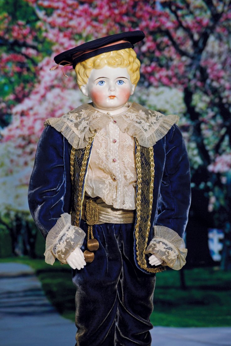 GERMAN PORCELAIN DOLL BY ALT, BECK & GOTTSCHALCK.: GERMAN PORCELAIN DOLL BY ALT, BECK & GOTTSCHALCK. Marks: 203-10. 26”. Pink-toned porcelain shoulderhead with molded and painted blonde hair, painted features, shaded blue eyes, red and black lid lin