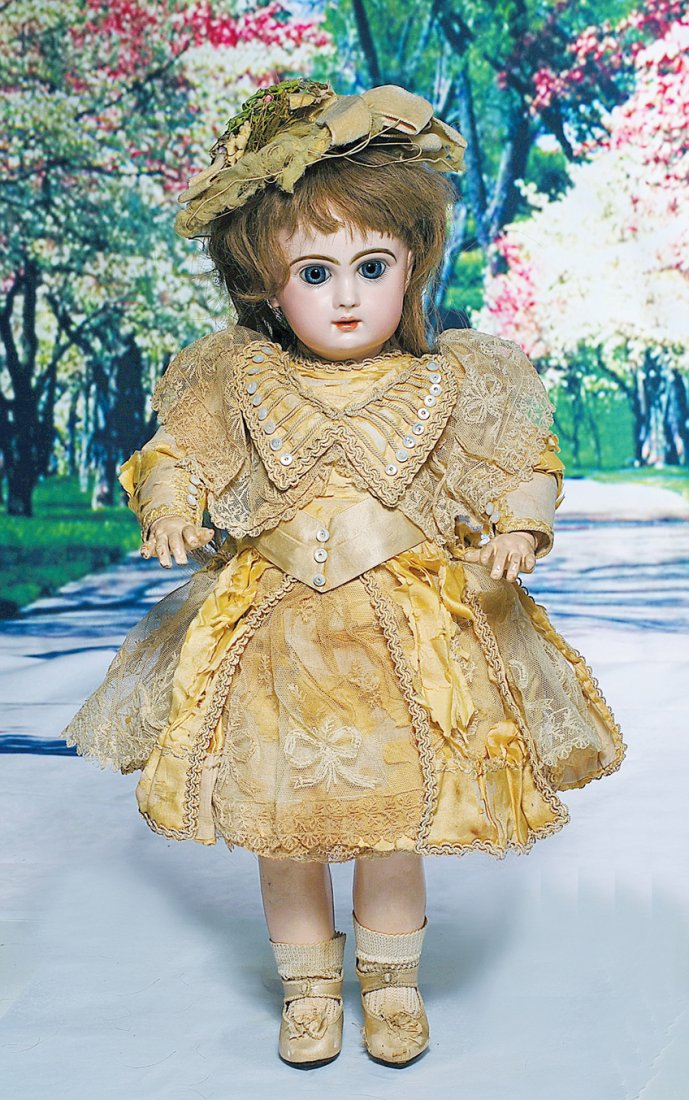 FRENCH BISQUE BEBE JUMEAU IN ALL-ORIGINAL COUTURE: FRENCH BISQUE BEBE JUMEAU IN ALL-ORIGINAL COUTURE COSTUME. Marks: Tete Jumeau Bte. SGDG 5. 20”. Bisque socket head, blue paperweight eyes, painted lashes, feathered and brushstroked brows, pierced e