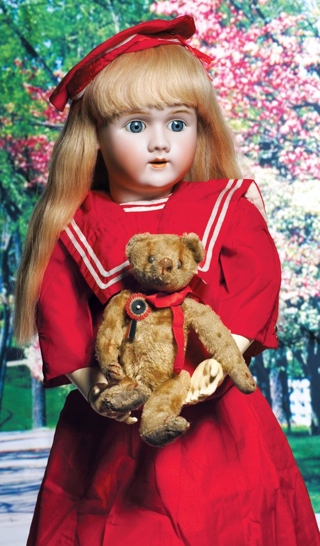 ANTIQUE GERMAN MOHAIR TEDDY BEAR. 10”. Dark tan: ANTIQUE GERMAN MOHAIR TEDDY BEAR. 10”. Dark tan mohair fur, straw stuffing, shoe button eyes, long curving amrs, velvet pads, brown floss claws, cloth nose with floss worn away. Commentary: Early be