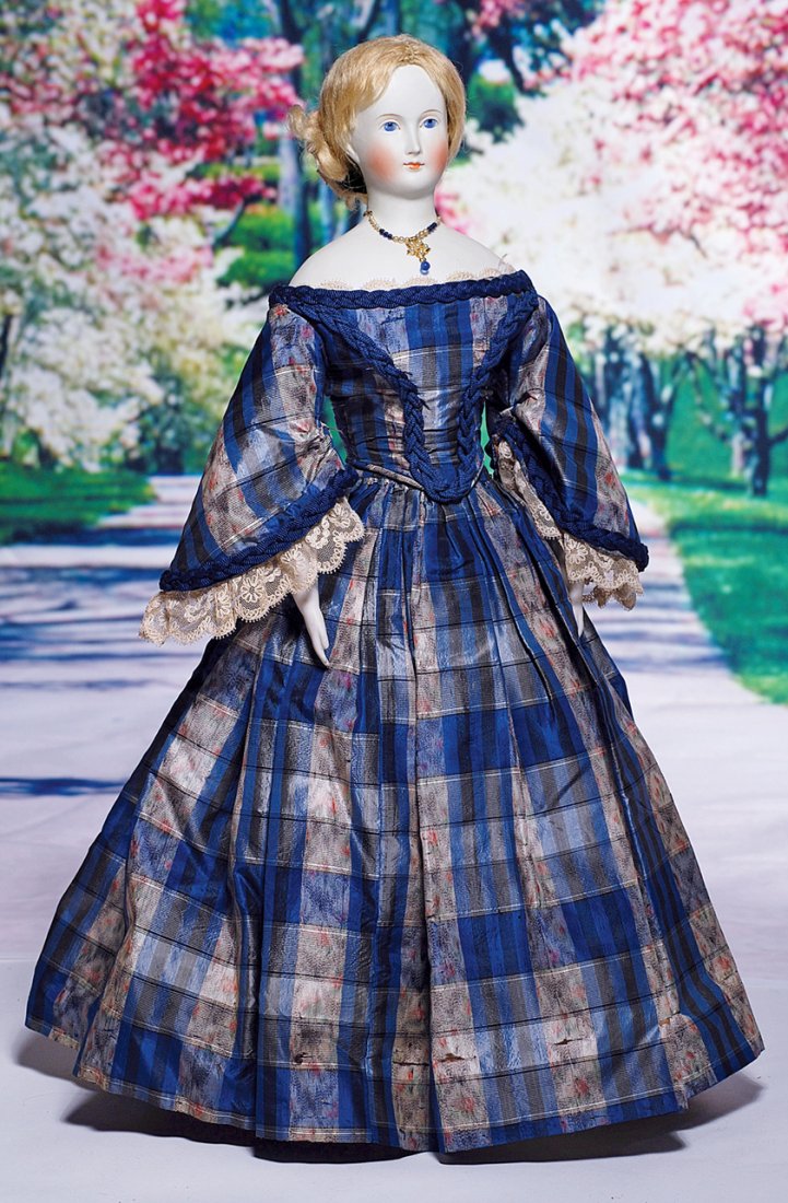 BEAUTIFUL, CIRCA 1850 GERMAN BISQUE FASHION DOLL WITH: BEAUTIFUL, CIRCA 1850 GERMAN BISQUE FASHION DOLL WITH BALD HEAD - ORIGINAL WIG AND GOWN. Marks: None. 19 ½”. Untinted, solid-dome bisque shoulderhead with oval-shaped slender face and elegant sculp