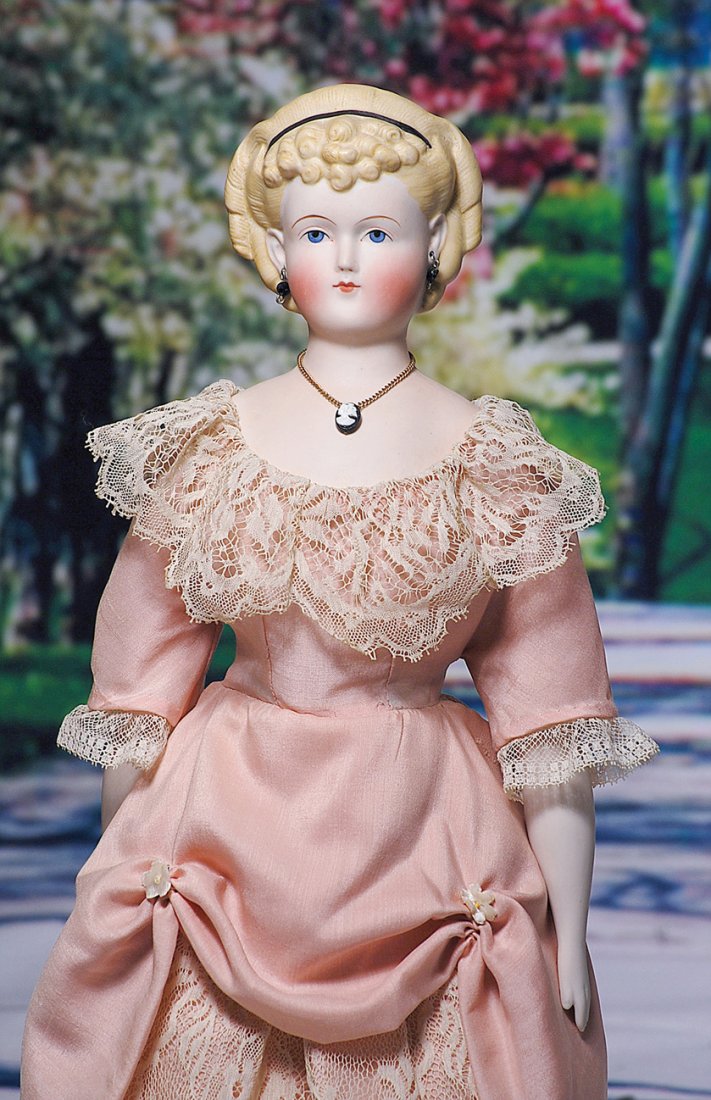 GERMAN BISQUE PARIAN LADY WITH MOLDED HAIR AND: GERMAN BISQUE PARIAN LADY WITH MOLDED HAIR AND HEADBAND. 18”. Bisque shoulderhead with elaborately sculpted blonde coiffure having rows of vertical curls with tight cluster of curls in front, two pa