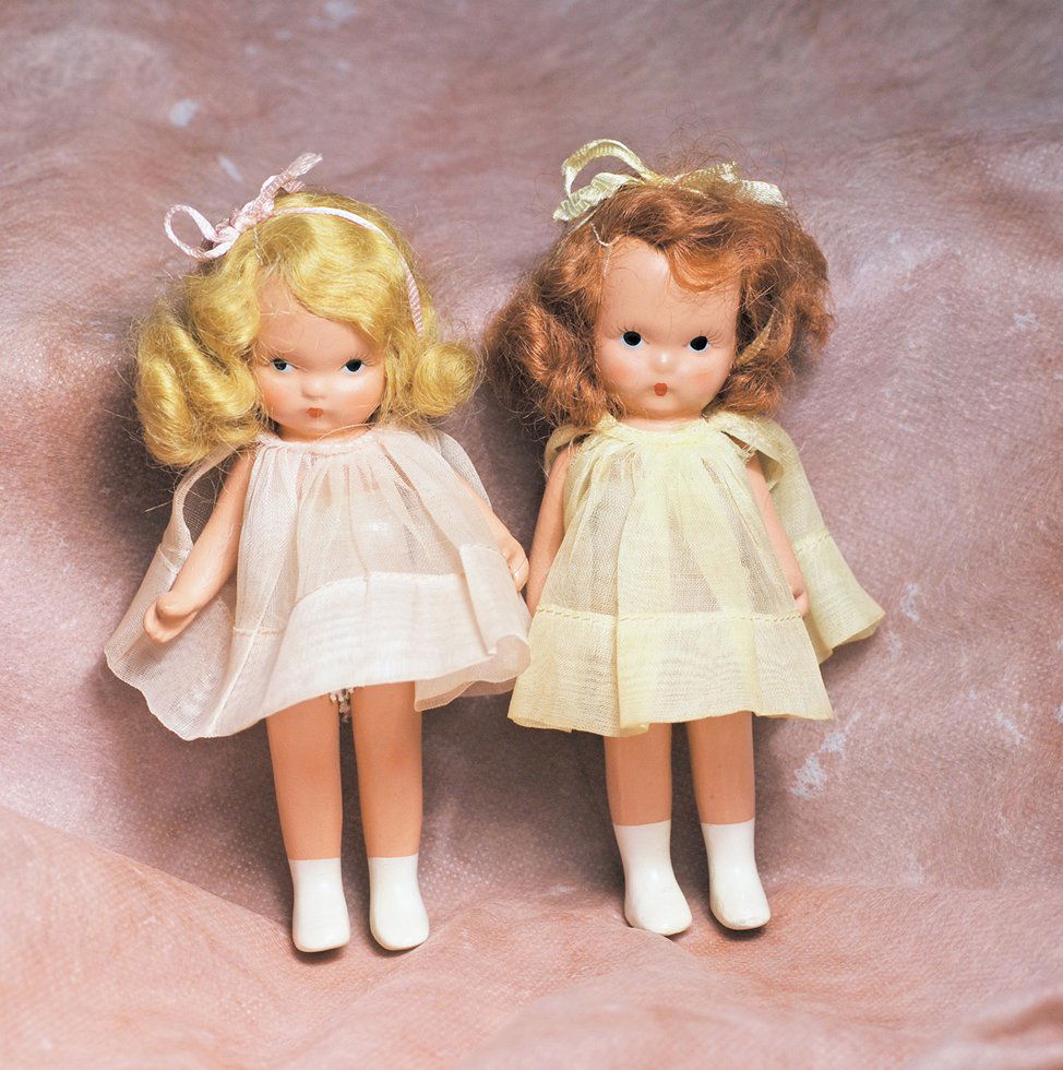TWO “MARGIE ANN” DOLLS BY NANCY ANN STORYBOOK. Marks:: TWO “MARGIE ANN” DOLLS BY NANCY ANN STORYBOOK. Marks: Storybook Doll USA. 5 ½”. Each is painted bisque, jointed shoulders and hips, wavy mohair wig, painted features, painted white boots, paste