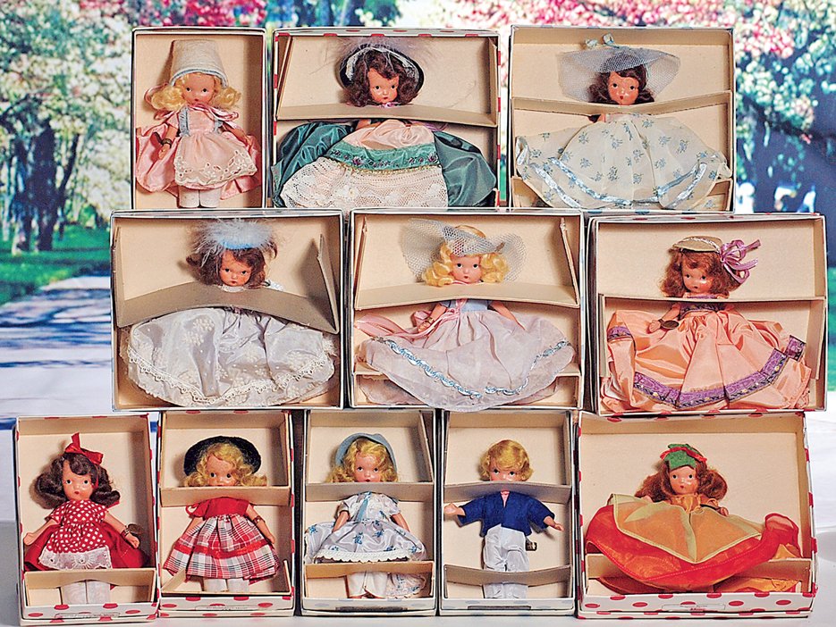 COLLECTION OF TEN ALL-ORIGINAL NANCY ANN STORYBOOK: COLLECTION OF TEN ALL-ORIGINAL NANCY ANN STORYBOOK DOLLS. 5”. Each is painted bisque with mohair wig, jointed arms, three with jointed legs, painted shoes, wearing original costumes which include: F