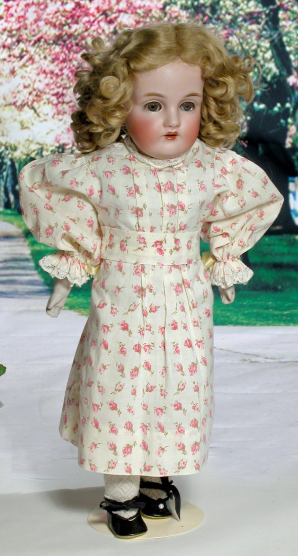 GERMAN BISQUE DOLL BY KESTNER. 18” Marks: Dep 154.: GERMAN BISQUE DOLL BY KESTNER. 18” Marks: Dep 154. Bisque shoulderhead, blue sleep eyes, painted lashes and original applied upper lashes, open mouth, accented lips, mohair wig, pink kid body, bisqu