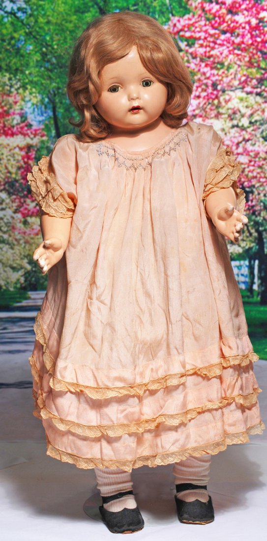 COMPOSITION “MAE STARR” DOLL BY EFFANBEE. Marks: Mae: COMPOSITION “MAE STARR” DOLL BY EFFANBEE. Marks: Mae Starr Doll. 30”. Composition shoulderhead, green sleep eyes, painted and applied lashes, open mouth, original blonde human hair wig, cloth bo