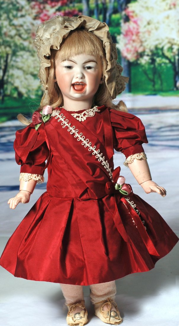 JUMEAU CHARACTER 208 ARTIST DOLL ON BEBE JUMEAU BODY: 292. FRENCH BISQUE ARTIST CHARACTER MODEL 208 ON ORIGINAL ANTIQUE BEBE JUMEAU BODY. Marks: Jackie 1977. 16”. Bisque socket head, brown glass eyes, open/closed mouth with molded tongue and teeth, scr