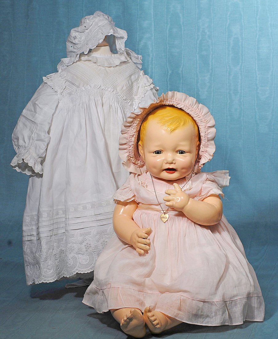 FINE LARGE COMPOSITION “BUBBLES BABY” BY EFFANBEE.: FINE LARGE COMPOSITION “BUBBLES BABY” BY EFFANBEE. Marks: Effanbee Bubbles copr. 1924. 26” Composition swivel head on cloth body with composition arms and legs, molded and painted blonde hair, b