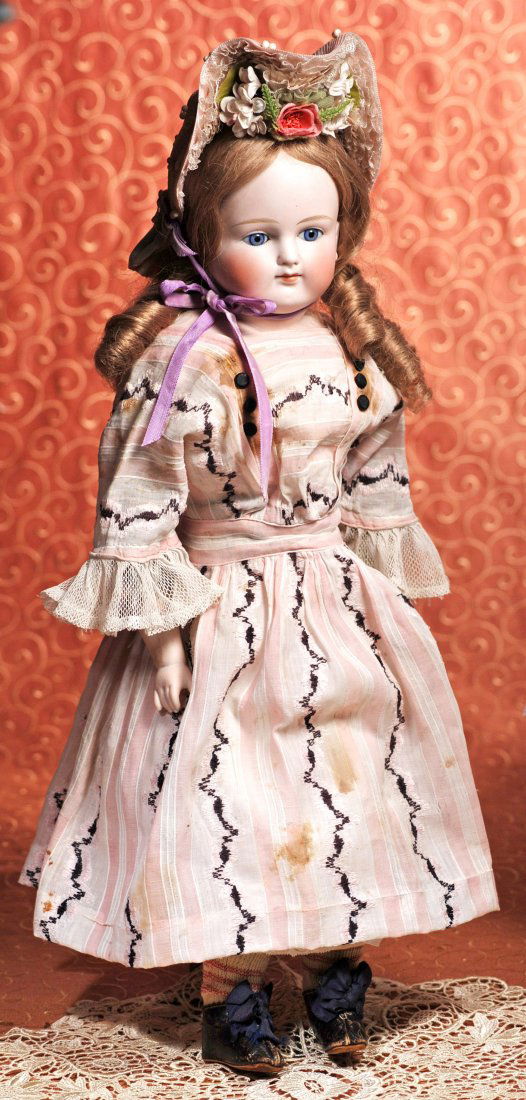 GERMAN CLOSED-MOUTH DOLL BY ALT, BECK & GOTTSCHALCK: GERMAN CLOSED-MOUTH DOLL BY ALT, BECK & GOTTSCHALCK. Marks: 639/ 11. 20”. Solid-dome bisque shoulderhead, inset blue glass eyes, painted lashes, multi-stroked and arched brows, closed mouth, plump l