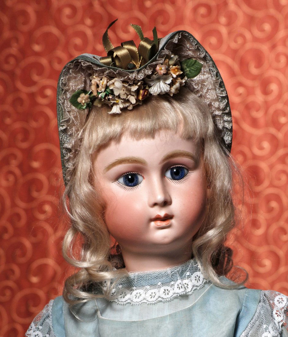 VERY RARE FRENCH BISQUE BEBE WITH TRISTE JUMEAU: VERY RARE FRENCH BISQUE BEBE WITH TRISTE JUMEAU MODELLING, BY HENRI DELCROIX. Marks: Paris 12. 24”. Bisque socket head with long-face modelling, blue paperweight eyes, painted lashes, rose-blushed e