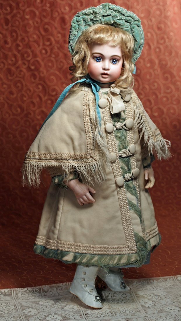 ESPECIALLY BEAUTIFUL CIRCLE DOT BEBE BY LEON CASIMIR: ESPECIALLY BEAUTIFUL CIRCLE DOT BEBE BY LEON CASIMIR BRU. Marks: Circle and dot, Bru Jne 7 (on head); Bru Jne 7 (shoulder plate). 20”. Bisque swivel head on fully-modelled bisque breastplate, blue p