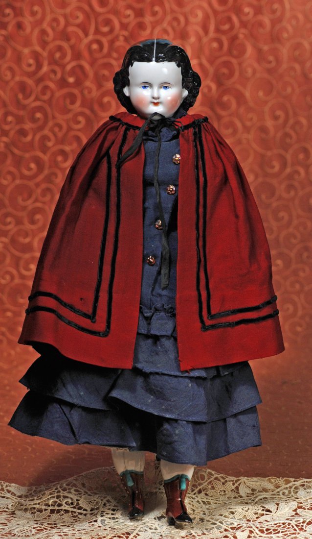 GERMAN PORCELAIN LADY WITH “ADELINA PATTI” HAIRSTYLE BY: GERMAN PORCELAIN LADY WITH “ADELINA PATTI” HAIRSTYLE BY ALT, BECK & GOTTSCHALCK. 18 ½”. Porcelain shoulderhead, painted and sculpted black hair in the “Adelina Patti” style with partially-m
