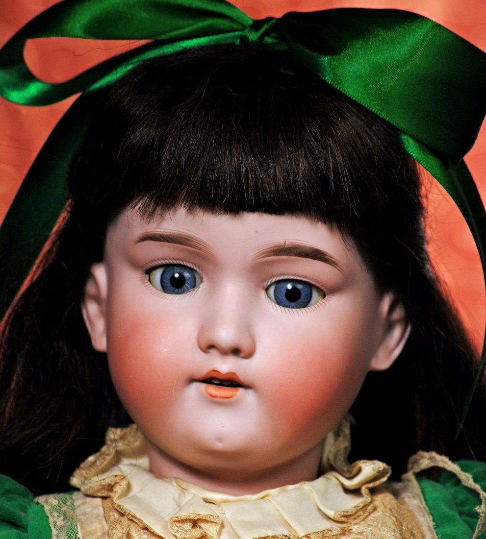 LARGE GERMAN BISQUE DOLL BY MARSEILLE: LARGE GERMAN BISQUE DOLL BY MARSEILLE. Marks: Made in Germany 390 n, A 12 M. 30”. Bisque socket head, blue sleep eyes, painted lashes, feathered brows, open mouth, accented lips, upper teeth, brunet