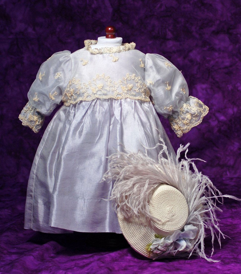 PALE BLUE SILK DOLL DRESS AND DOLL BONNET.  Fine pale (1 of 1)