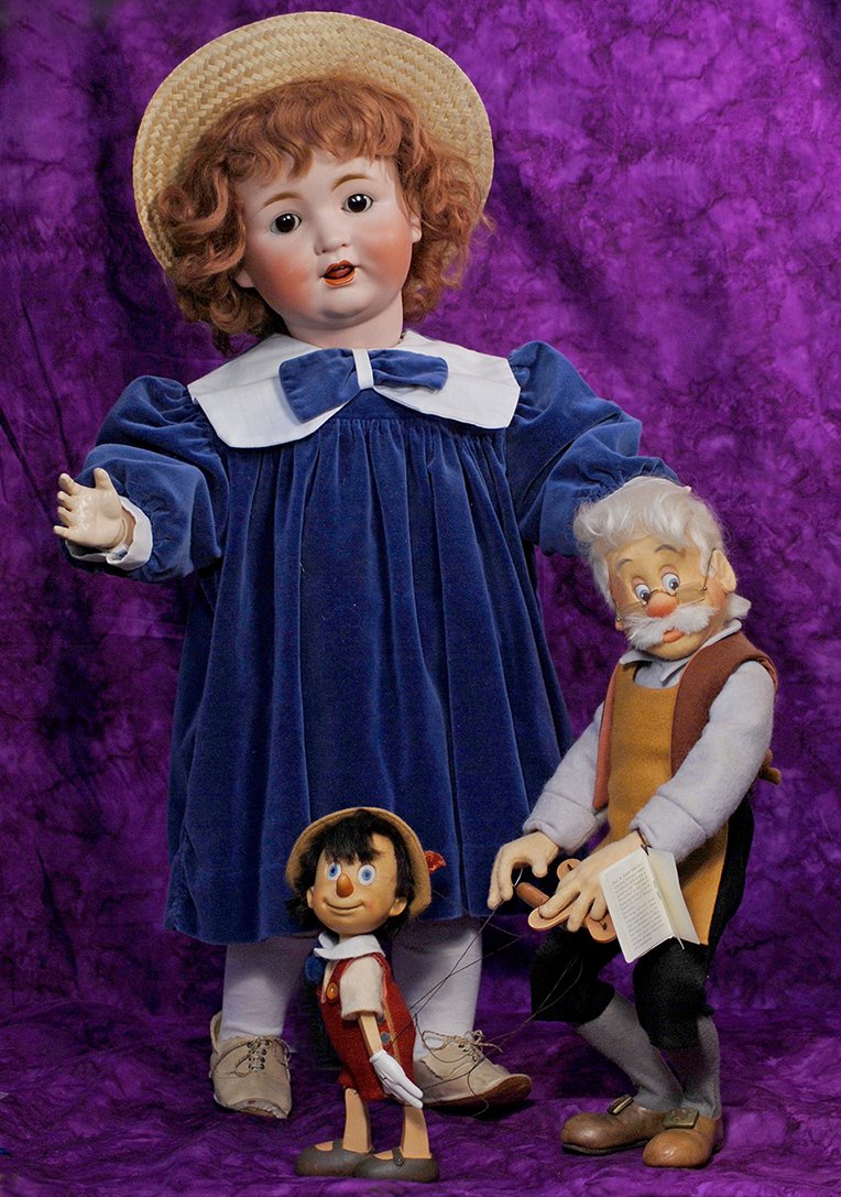 GEPPETTO AND PINOCCHIO, SERIES 1, MARIONETTES BY R.: GEPPETTO AND PINOCCHIO, SERIES 1, MARIONETTES BY R. JOHN WRIGHT. 9” and 18”. Including pressed felt Geppetto with down-glancing painted eyes, large nose with red tip, white mohair hair and beard,