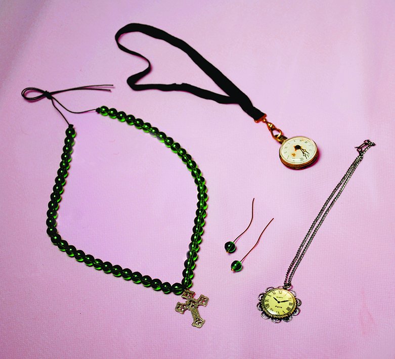 TWO ANTIQUE PENDANT WATCHES PLUS GREEN BEAD NECKLACE (1 of 2)