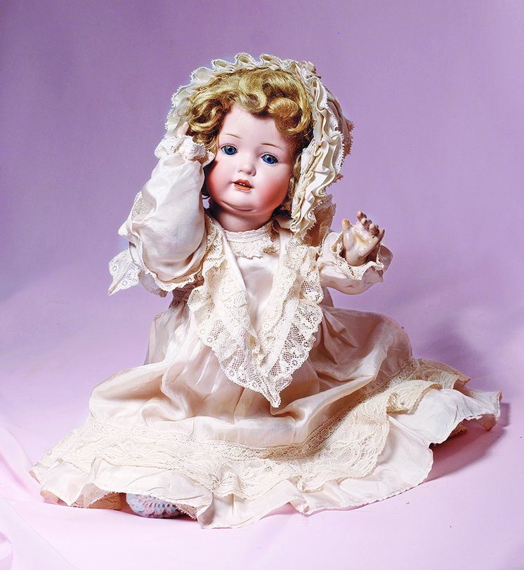 GERMAN BISQUE CHARACTER BABY BY BAHR & PROSCHILD.: GERMAN BISQUE CHARACTER BABY BY BAHR & PROSCHILD. Marks: 607. 17”. Bisque socket head, blue sleep eyes, painted lashes, feathered brows, open/closed mouth with two molded teeth, auburn mohair wig, c