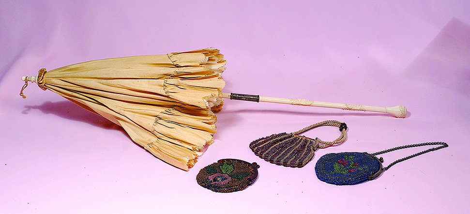 THREE ANTIQUE DOLL PURSES.  3 ¼” to 4” (not including (1 of 2)