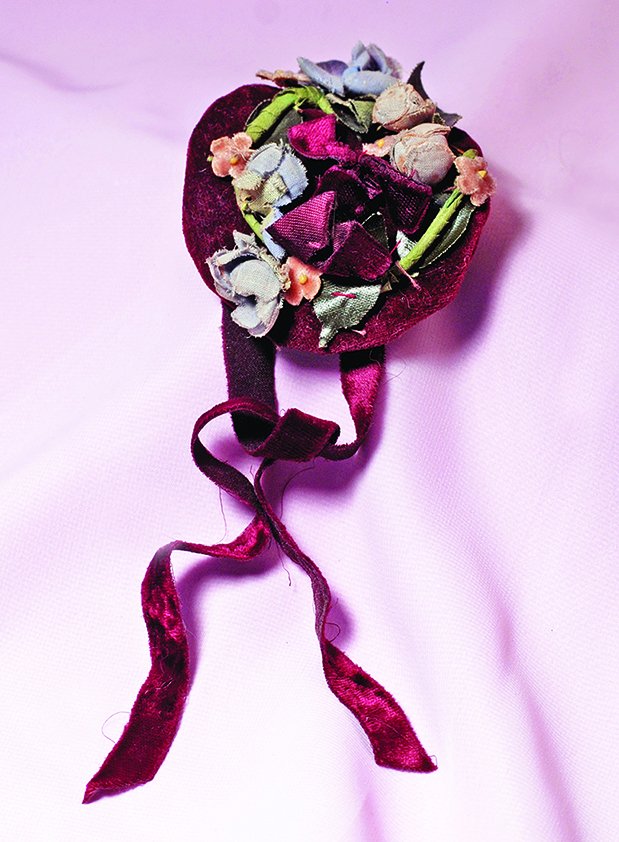 MAROON VELVET FASHION BONNET WITH FLORAL TRIM.  2” (1 of 1)