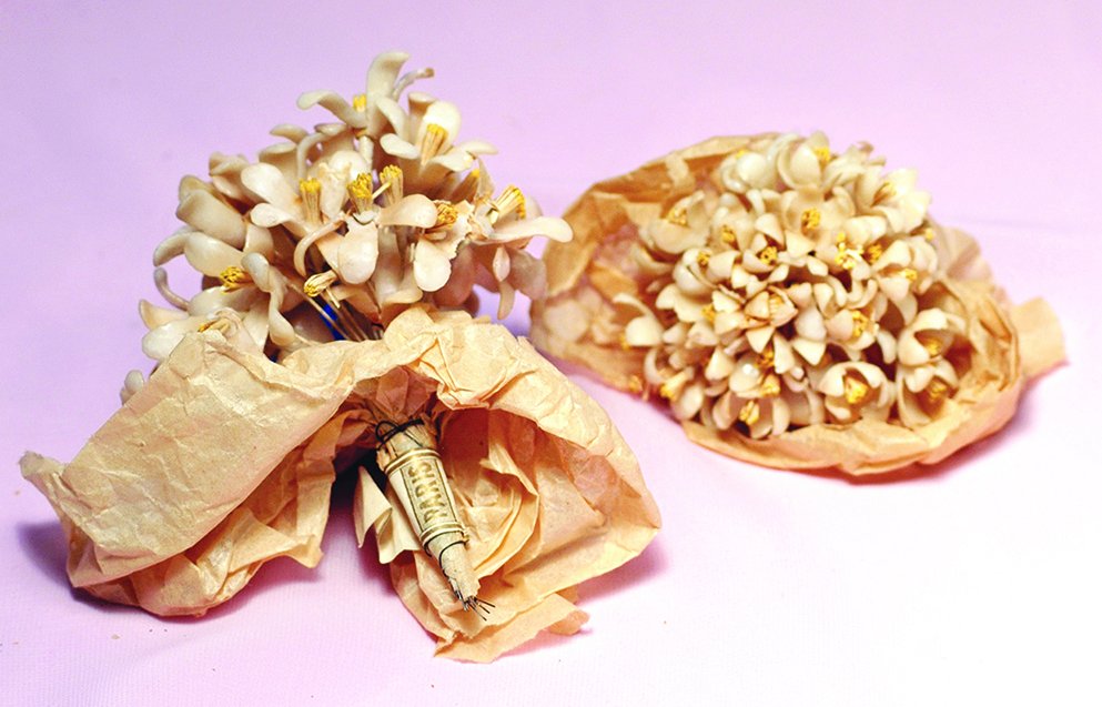 TWO ANTIQUE FRENCH WAX ORANGE BLOSSOM BOUQUETS.  Marks: (1 of 1)