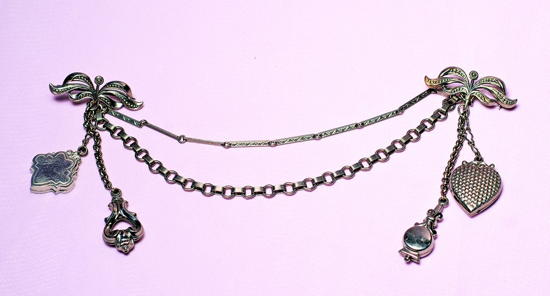 VINTAGE SILVER CHATELAINE DOUBLE BROOCH PIN.  Embossed (1 of 1)