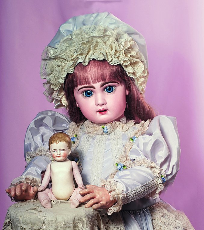 PRETTY FRENCH BISQUE BEBE BY JUMEAU. Marks: 12. 26”.: PRETTY FRENCH BISQUE BEBE BY JUMEAU. Marks: 12. 26”. Bisque socket, deep blue paperweight eyes, lushly-painted long curly eyelashes, eyeliner, feathered and brushstroked brows, open mouth, shaded an