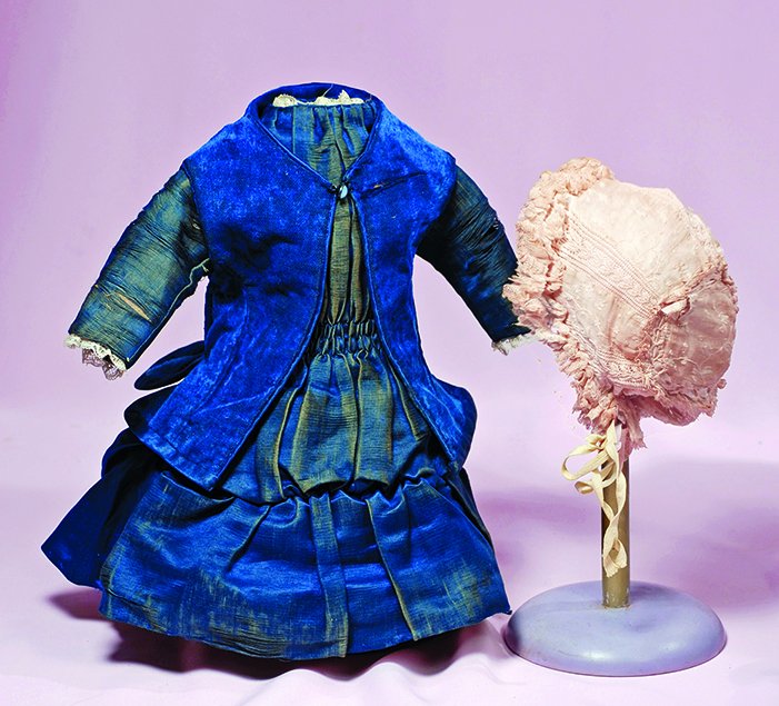 ANTIQUE TWO-PIECE BLUE SILK & VELVET BEBE DRESS & LACE (1 of 1)