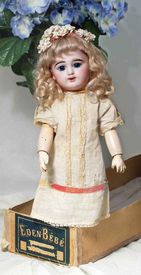 PRETTY FRENCH BISQUE EDEN BEBE BY FLEISCHMAN & BLOEDEL.: PRETTY FRENCH BISQUE EDEN BEBE BY FLEISCHMAN & BLOEDEL. Marks: Eden Bebe 6 Paris, Depose. 16”. Bisque socket head, blue paperweight eyes, painted lashes, feathered and brushstroked brows, open mouth