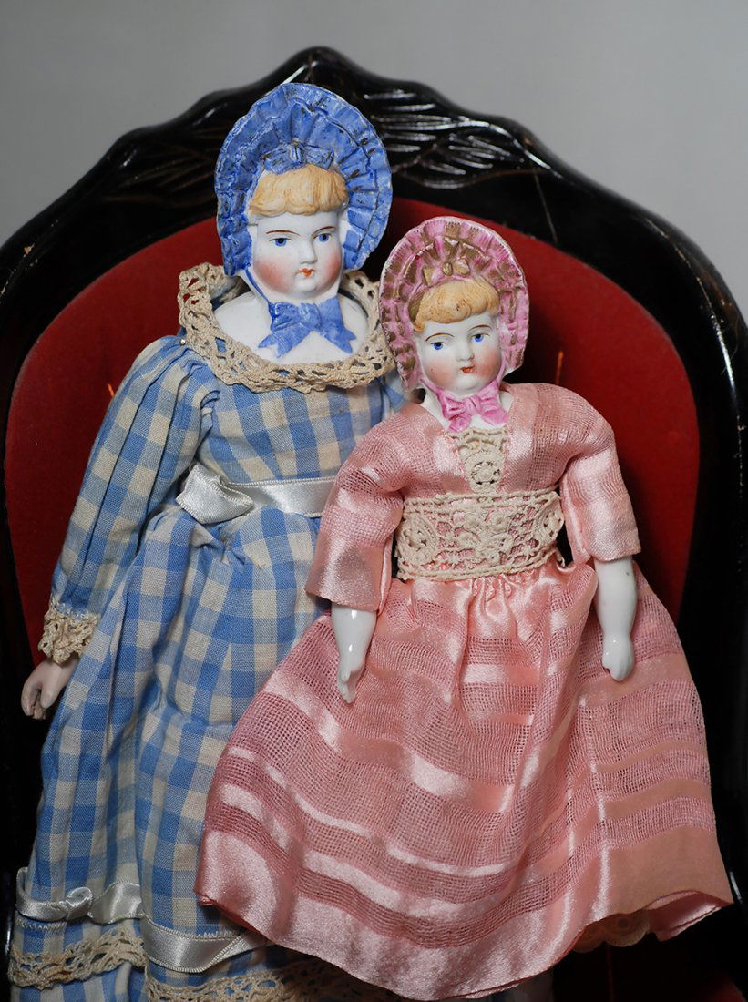TWO GERMAN BISQUE DOLLS WITH MOLDED BONNETS.  8 ” and (1 of 1)