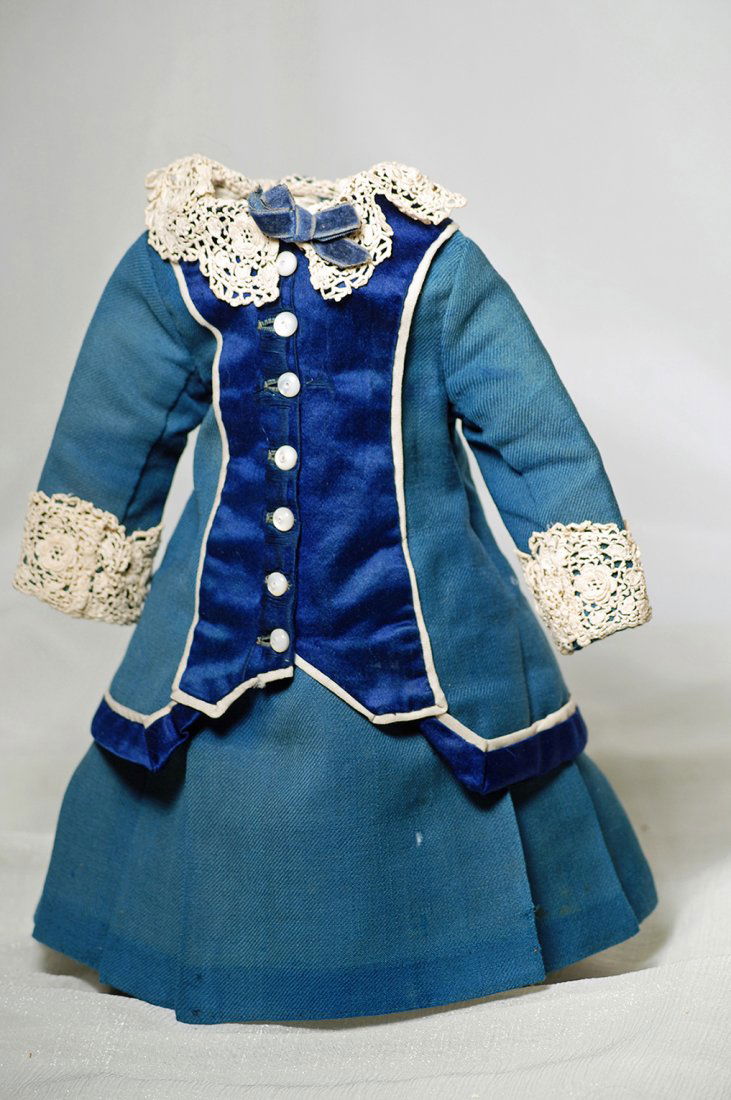 BLUE FRENCH-STYLE JACKET DRESS.  4 ” shoulder width, (1 of 2)